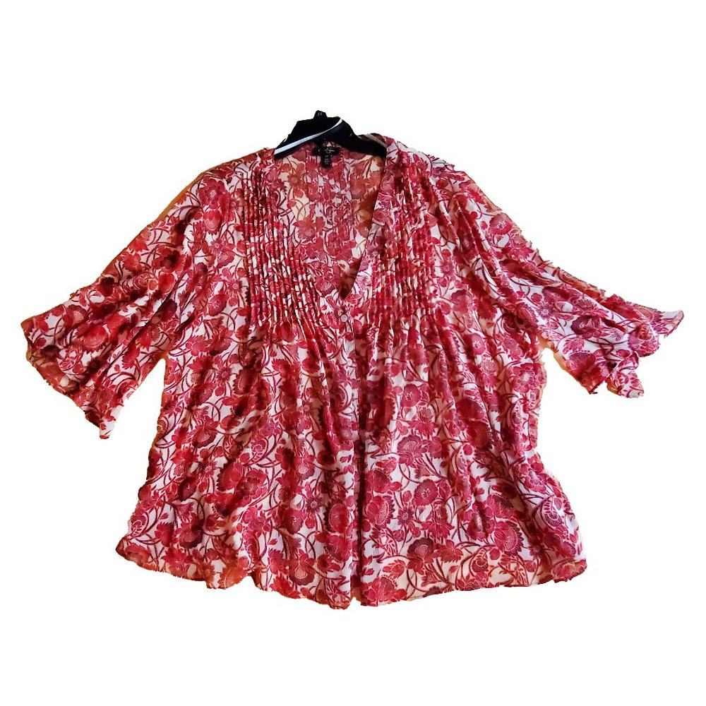 Jessica Simpson 3/4 Sleeve Red & Tan Floral V-Neck Blouse, Size 2x Excellent